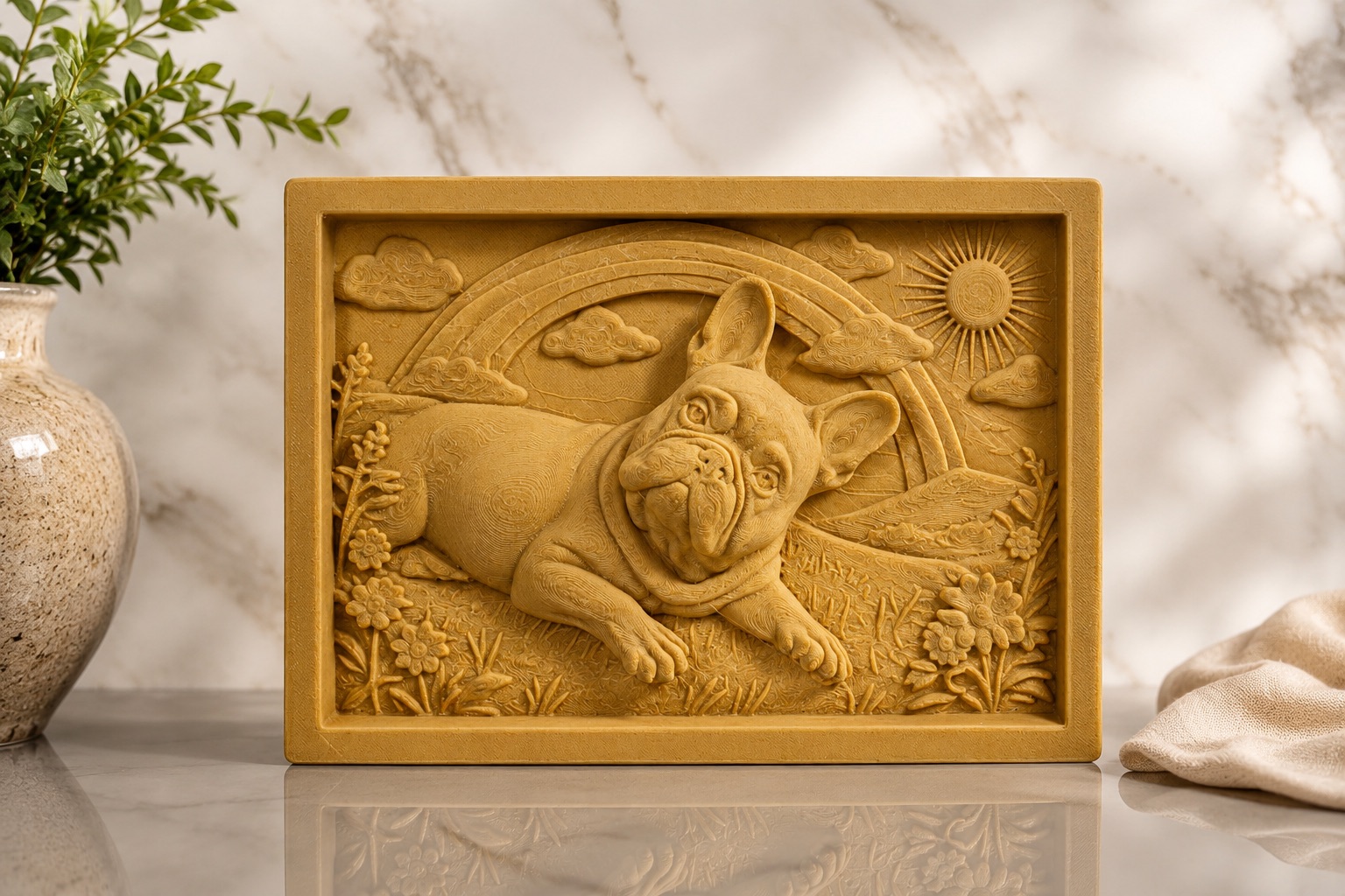Handcrafted photo relief frame of a French Bulldog beneath a carved rainbow