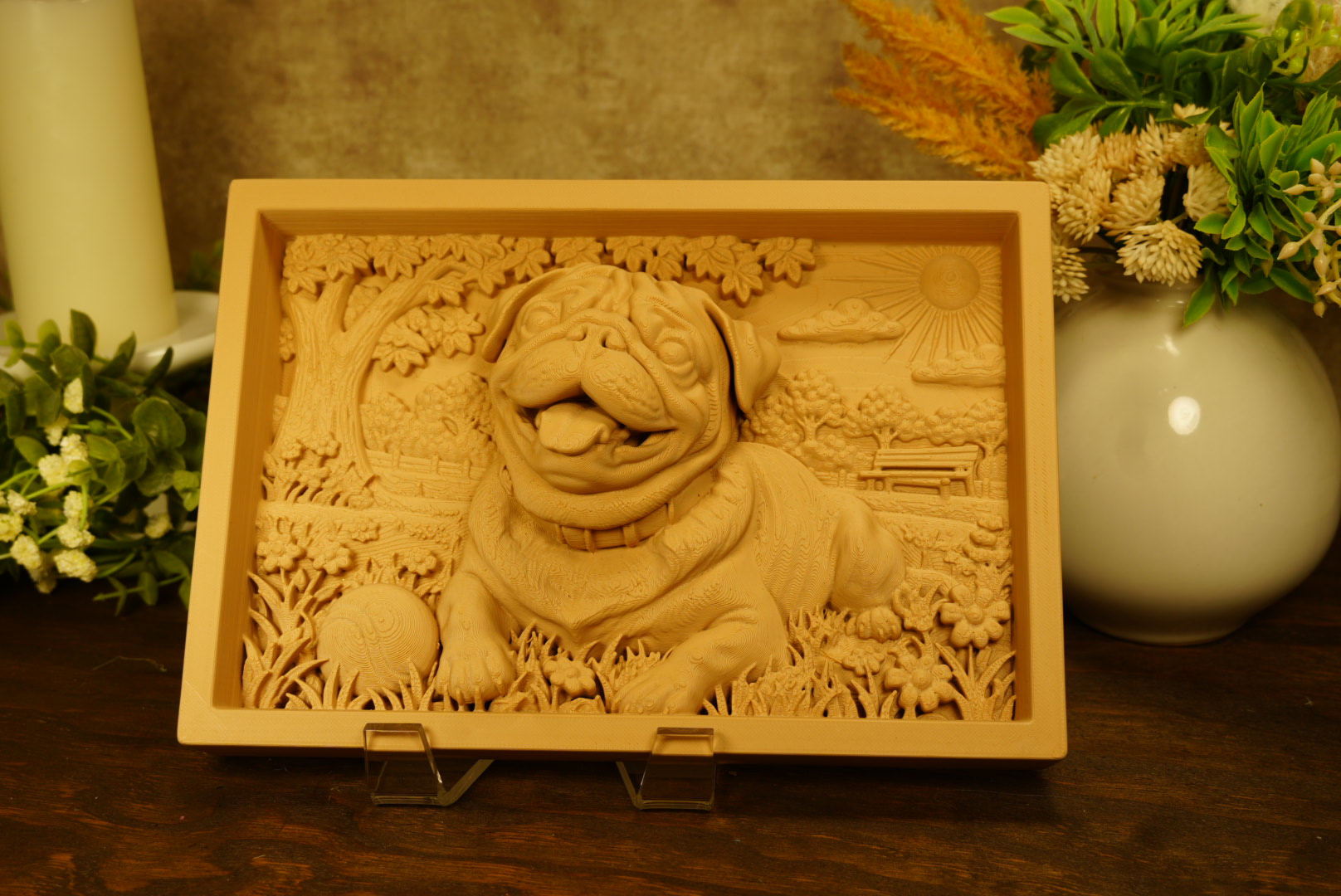 Custom pet photo relief frame of a bulldog beside a vase of flowers