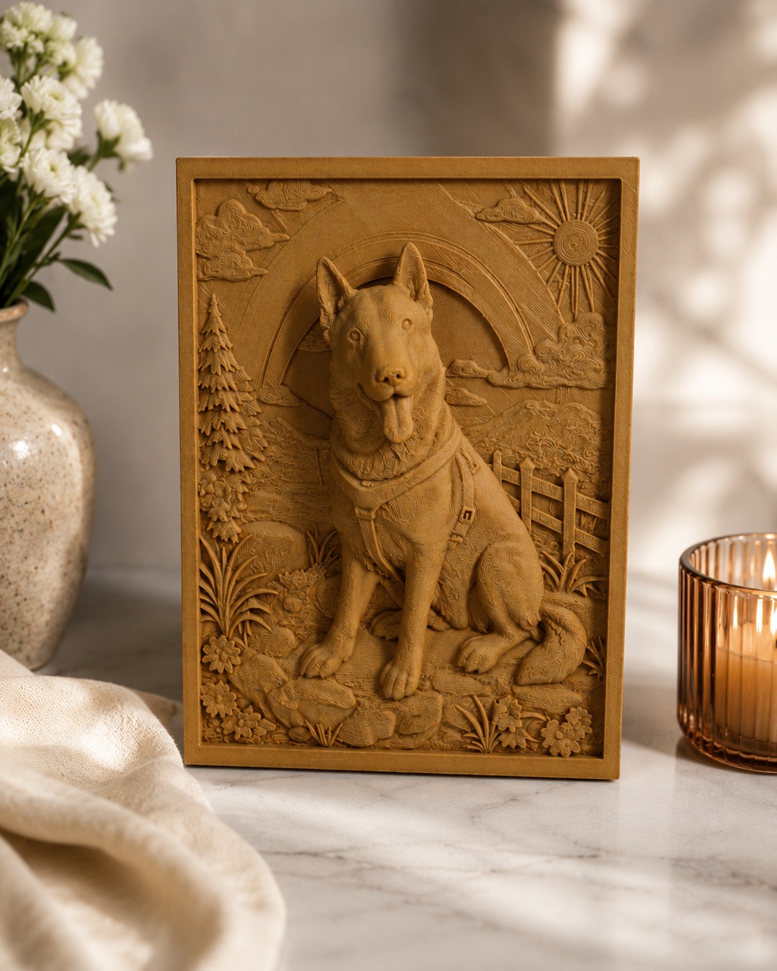 Custom pet photo relief frame of a German Shepherd beside a rainbow and candle