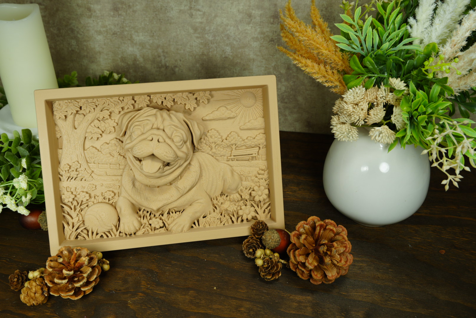 A handcrafted photo relief frame of a beloved bulldog, carved in quiet detail