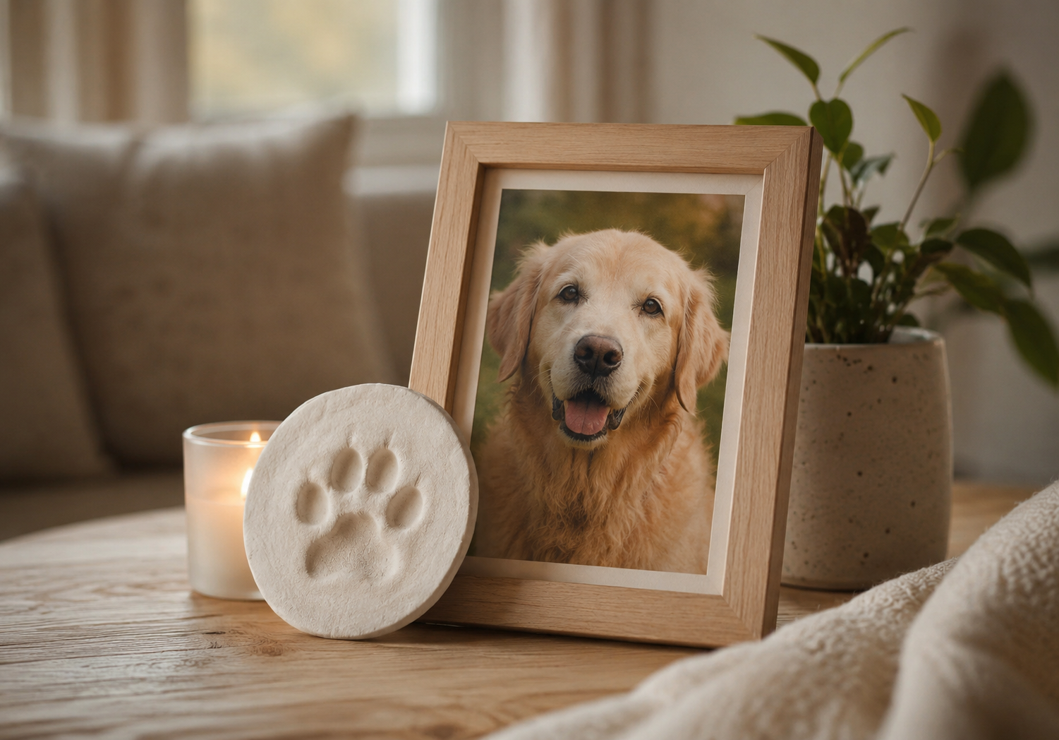 A hand resting gently on a dog's paw